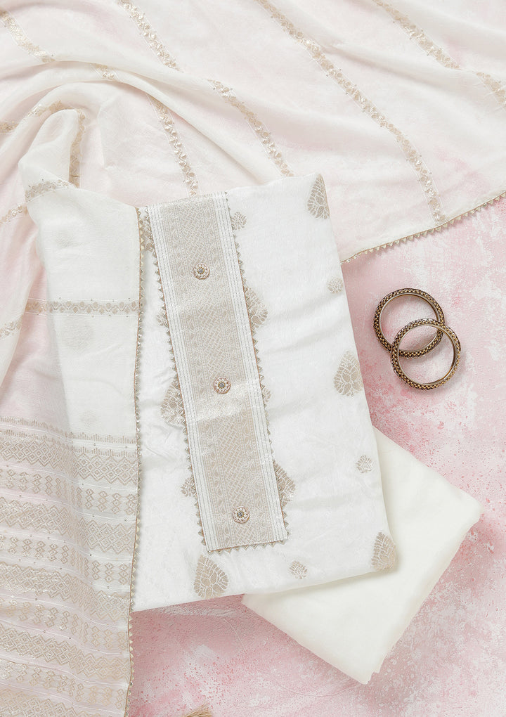 White Zariwork (Gold) Dola Silk Unstitched Salwar Suit