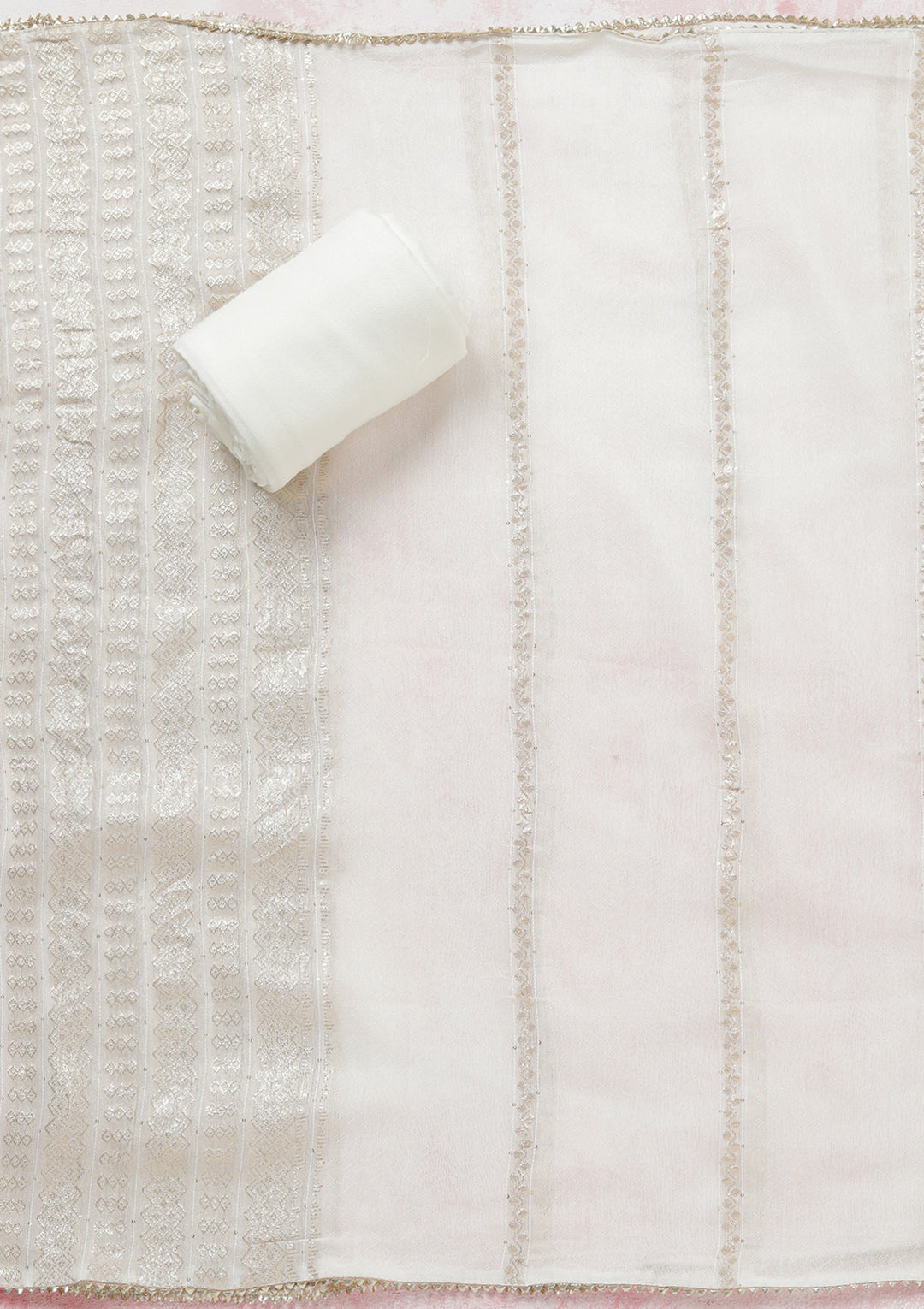 White Zariwork (Gold) Dola Silk Unstitched Salwar Suit