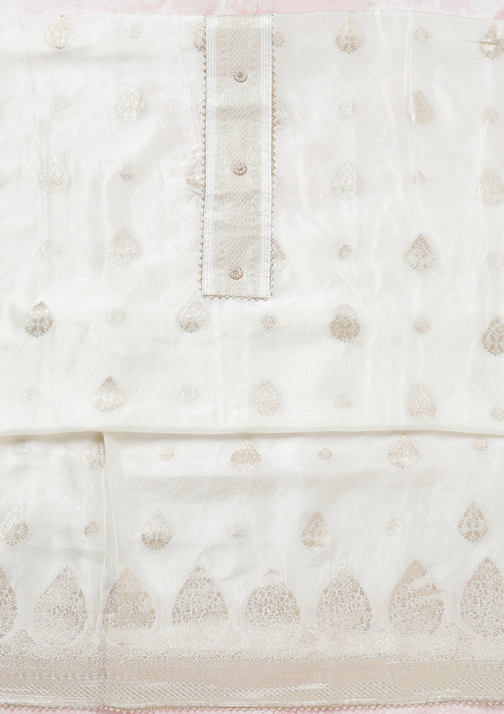 White Zariwork (Gold) Dola Silk Unstitched Salwar Suit
