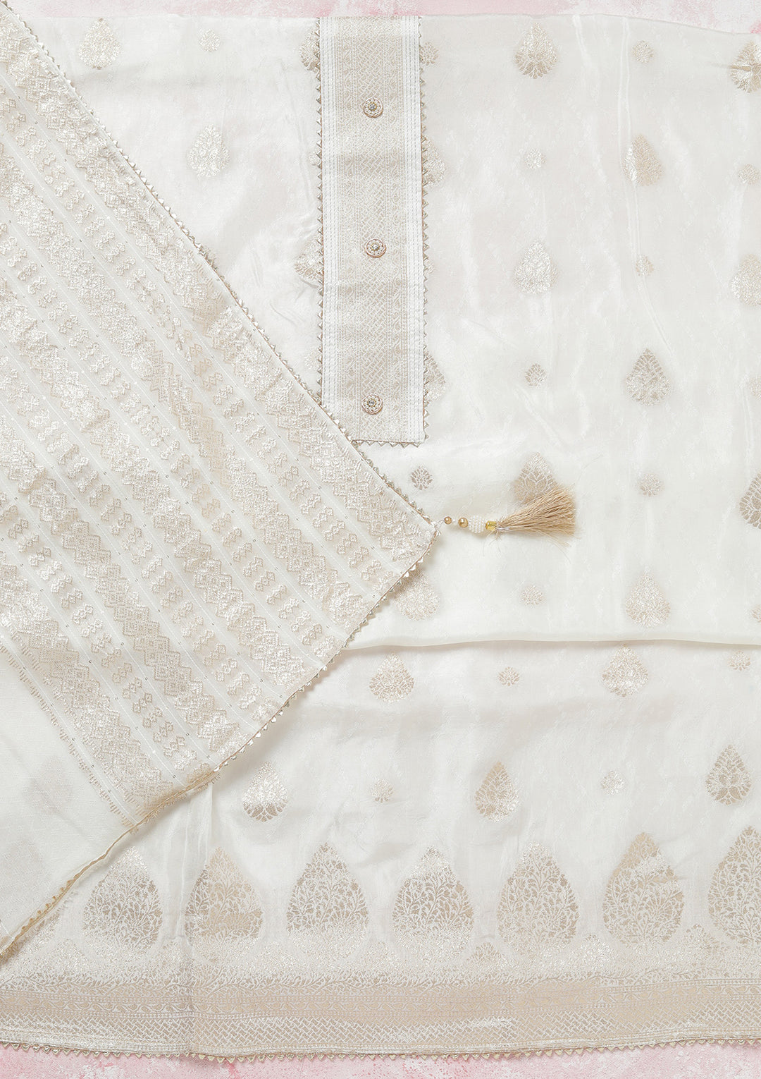 White Zariwork (Gold) Dola Silk Unstitched Salwar Suit