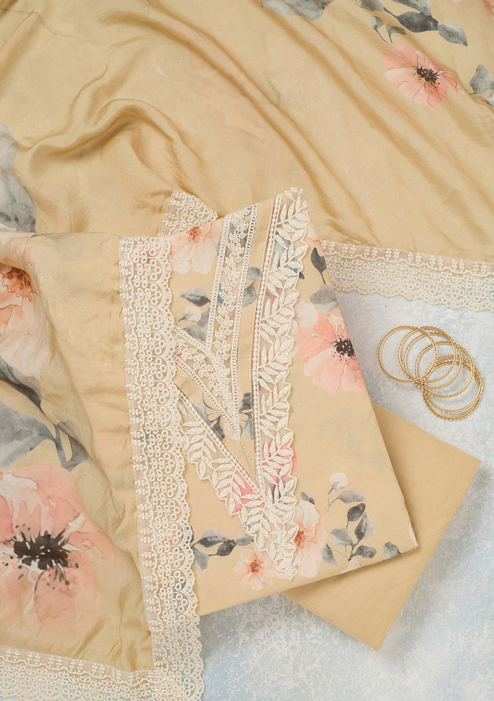 Cream Threadwork Crepe Unstitched Salwar Suit