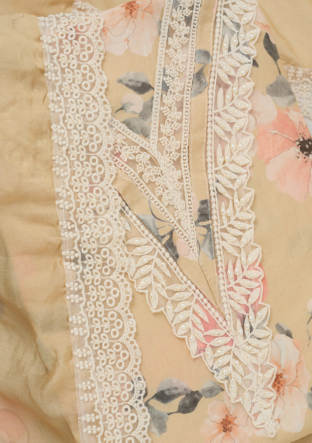 Cream Threadwork Crepe Unstitched Salwar Suit