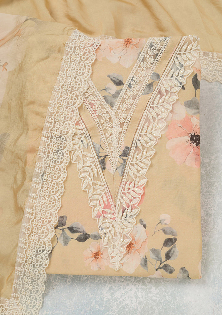 Cream Threadwork Crepe Unstitched Salwar Suit