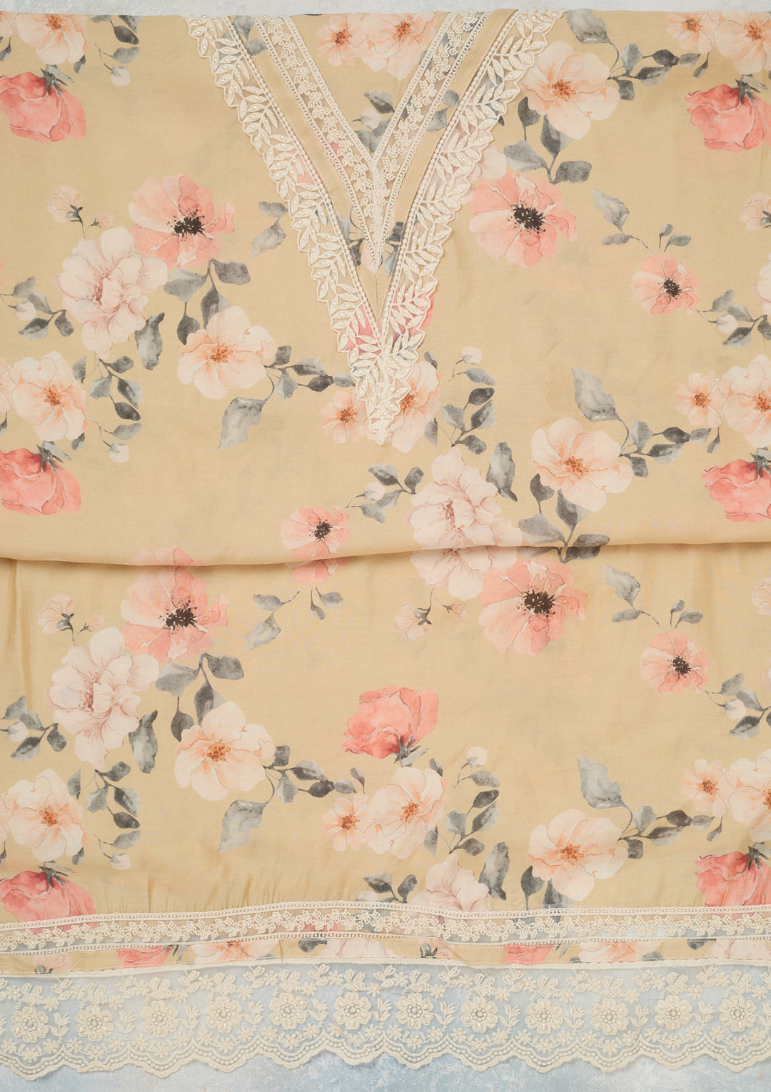 Cream Threadwork Crepe Unstitched Salwar Suit