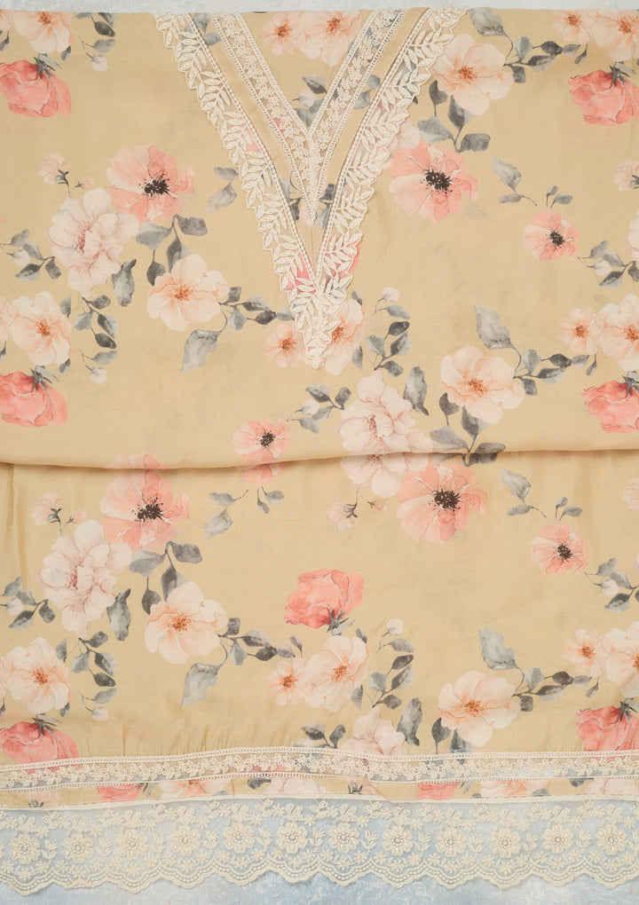 Cream Threadwork Crepe Unstitched Salwar Suit