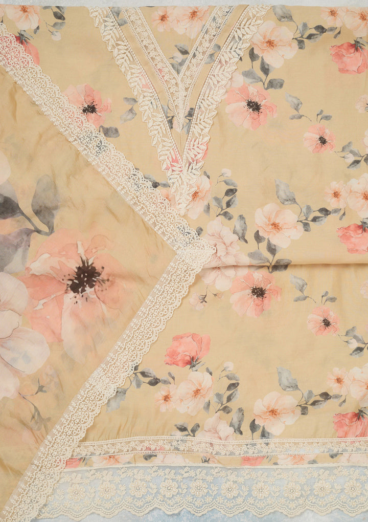 Cream Threadwork Crepe Unstitched Salwar Suit