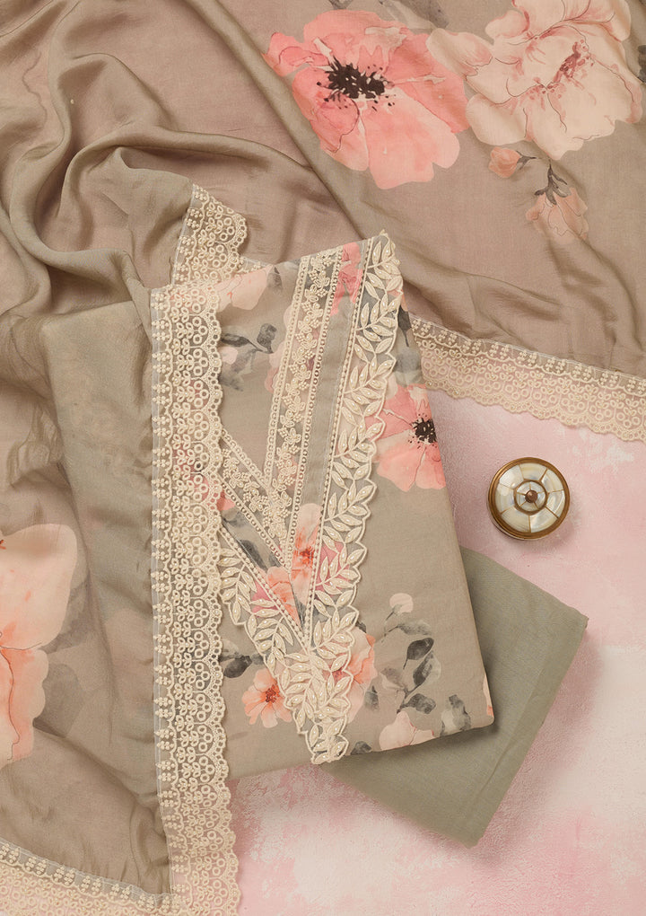 Grey Threadwork Semi Crepe Unstitched Salwar Suit