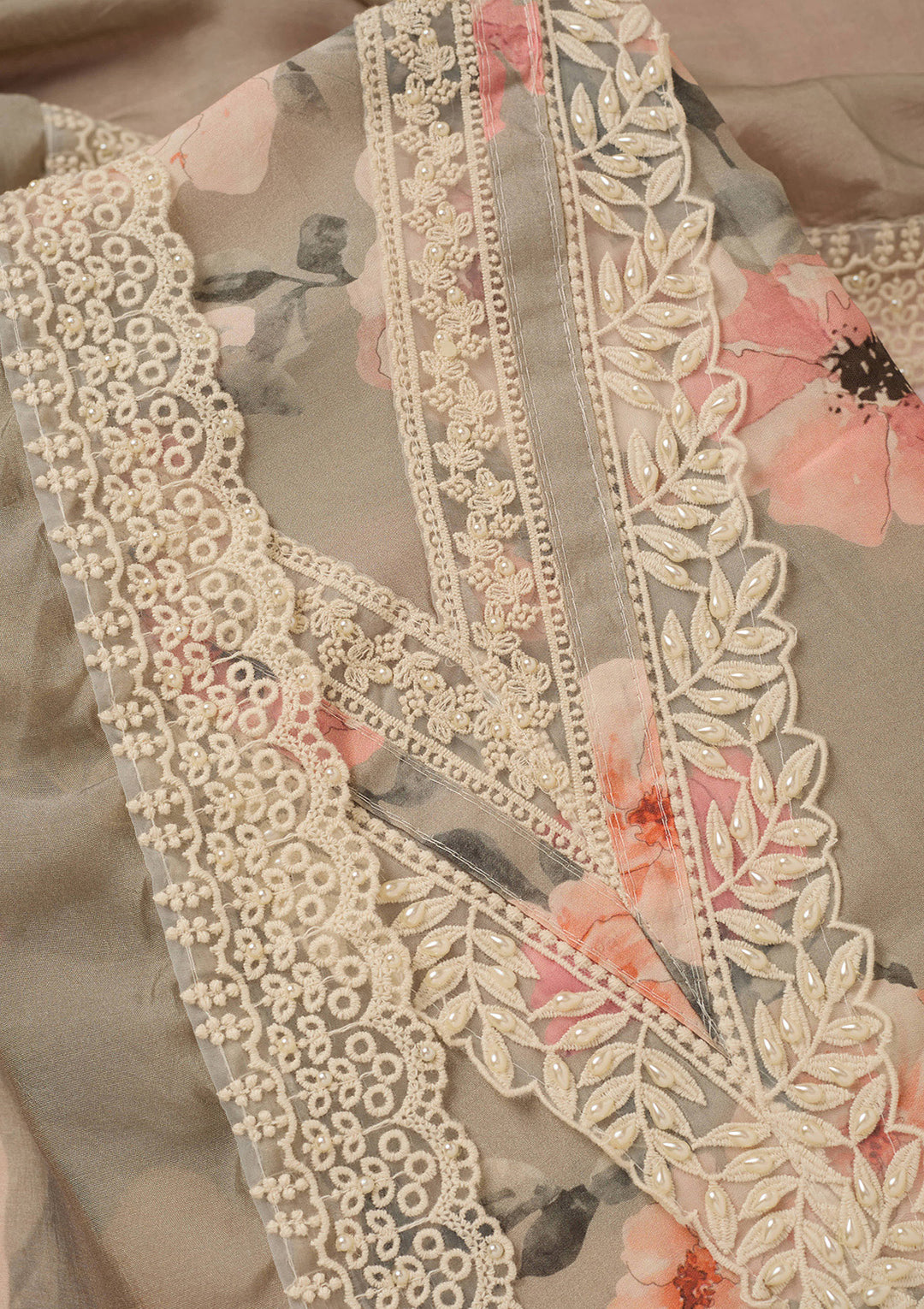 Grey Threadwork Semi Crepe Unstitched Salwar Suit