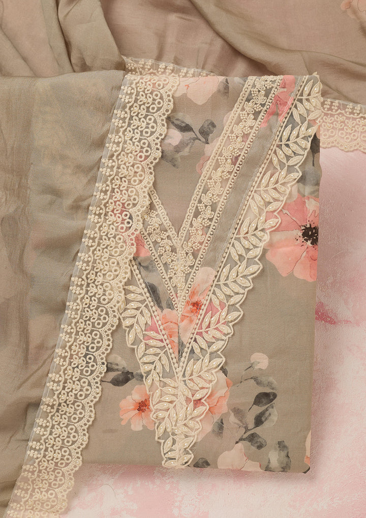 Grey Threadwork Semi Crepe Unstitched Salwar Suit