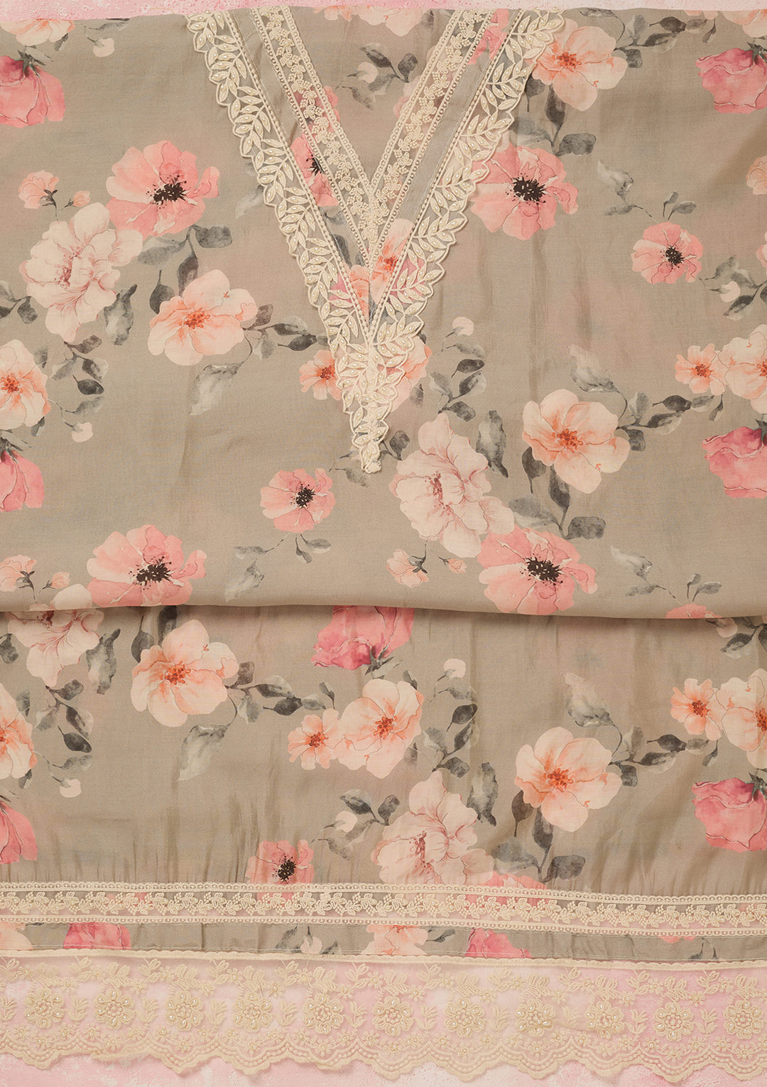 Grey Threadwork Semi Crepe Unstitched Salwar Suit