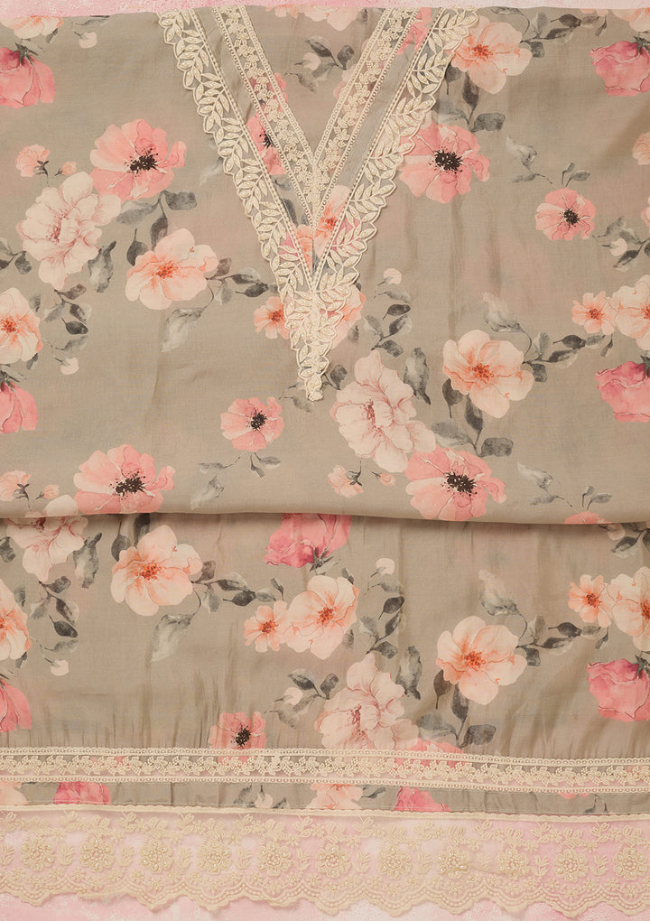 Grey Threadwork Semi Crepe Unstitched Salwar Suit