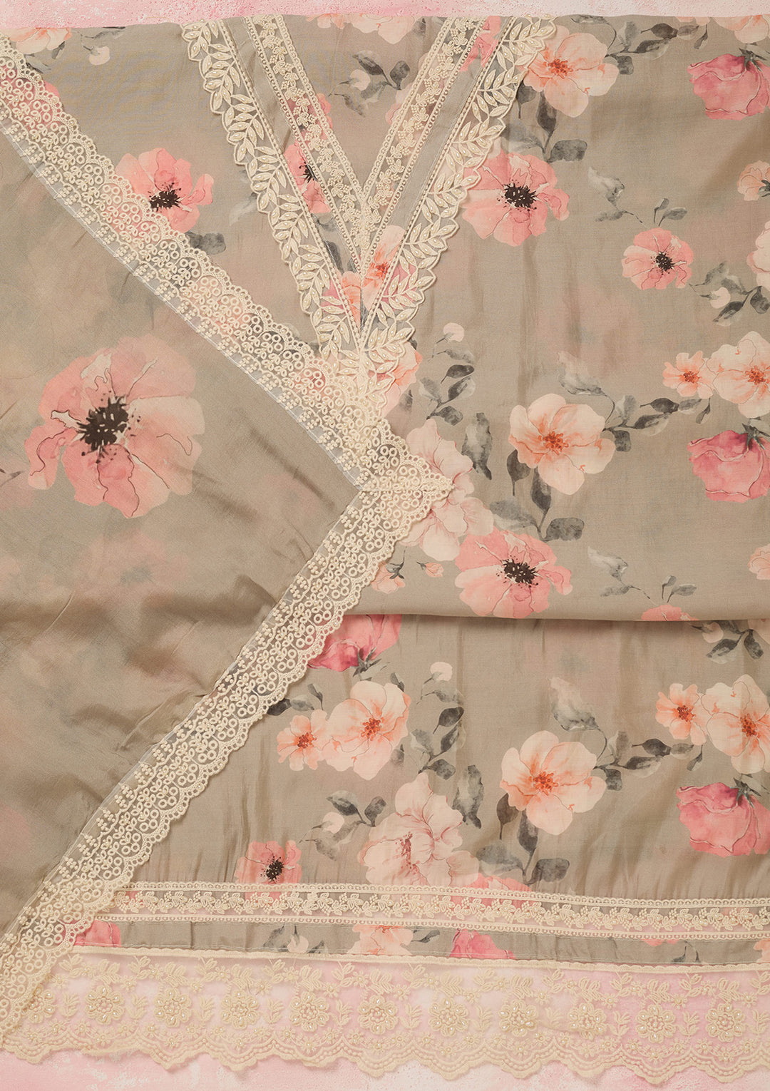 Grey Threadwork Semi Crepe Unstitched Salwar Suit