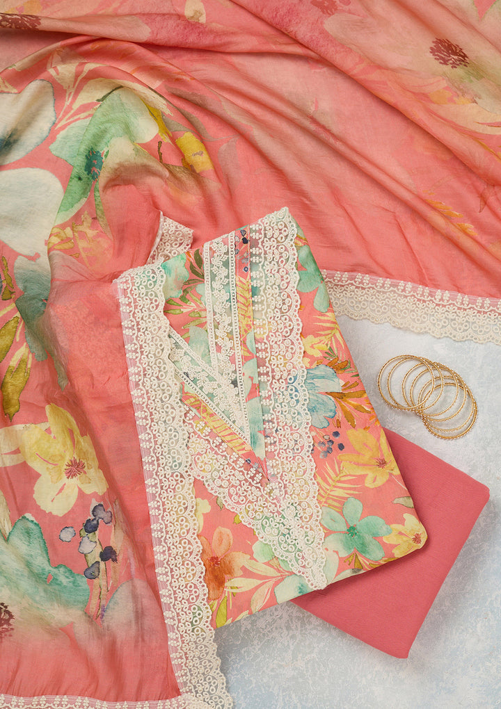Peach Threadwork Semi Crepe Unstitched Salwar Suit