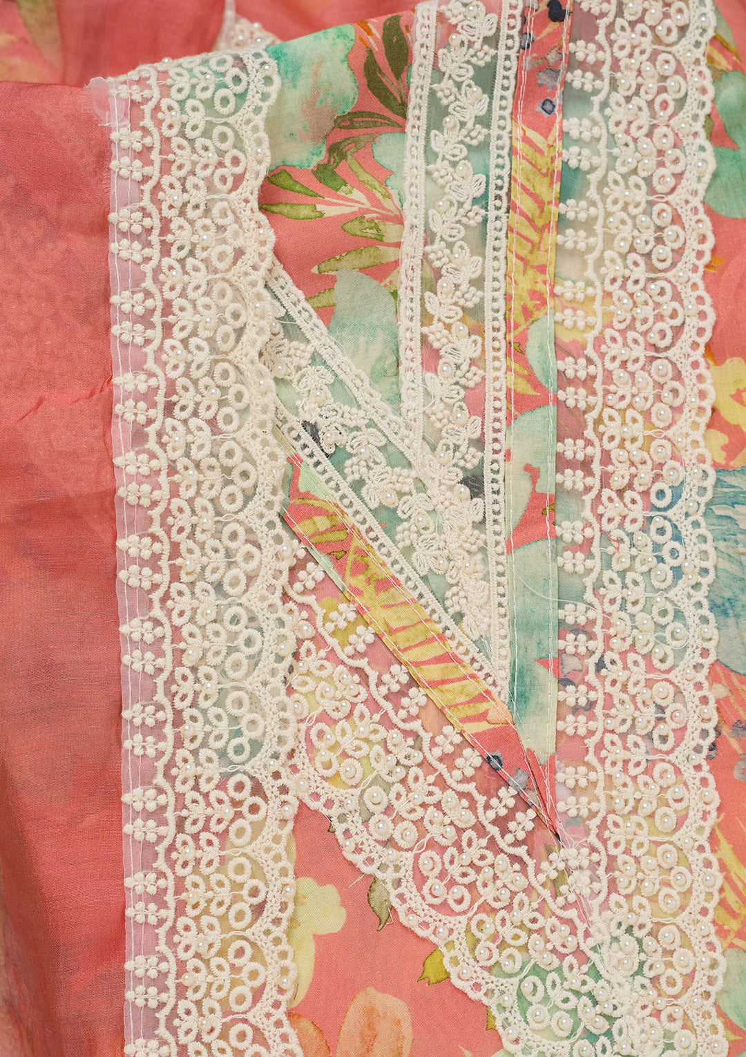Peach Threadwork Semi Crepe Unstitched Salwar Suit