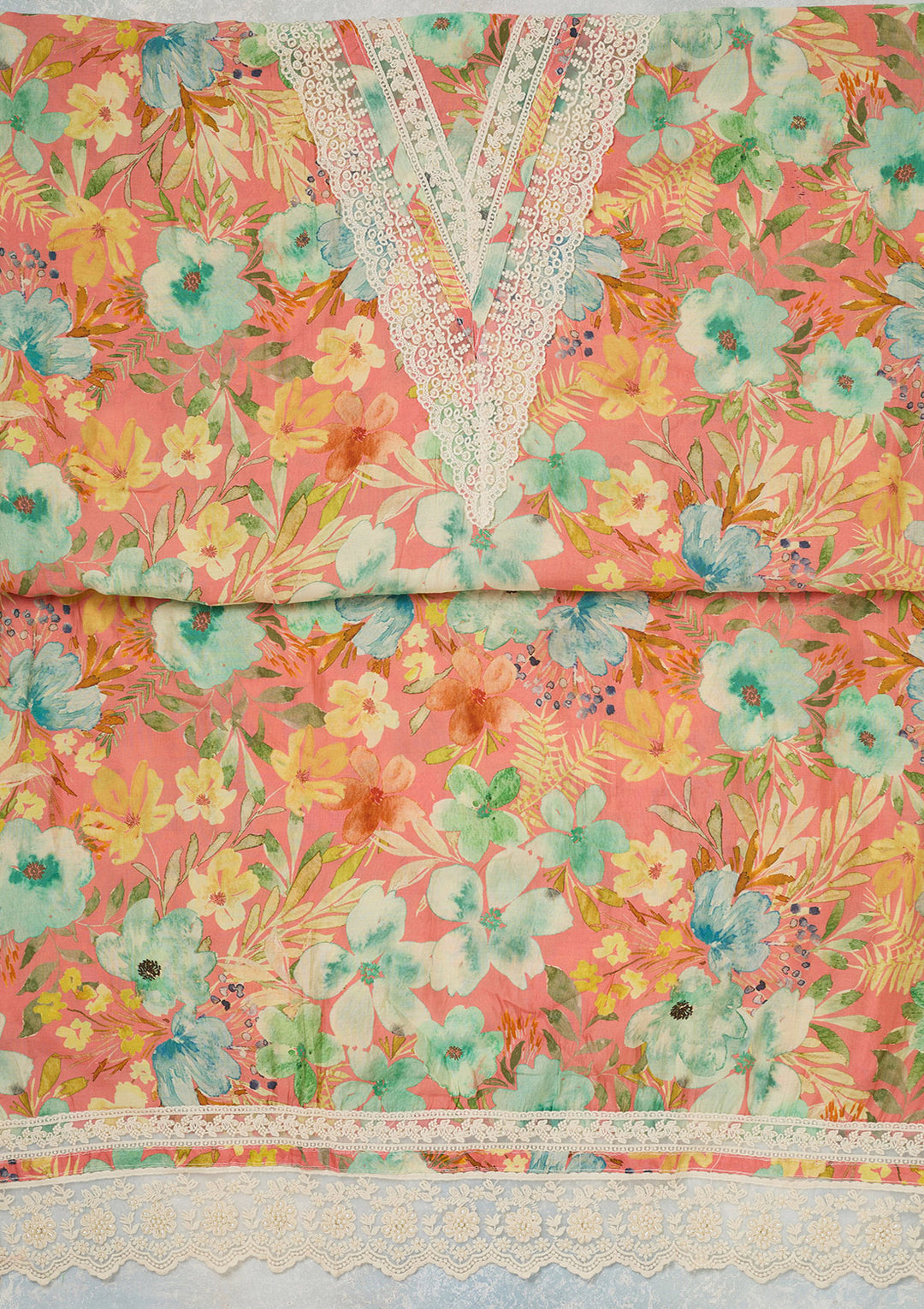 Peach Threadwork Semi Crepe Unstitched Salwar Suit