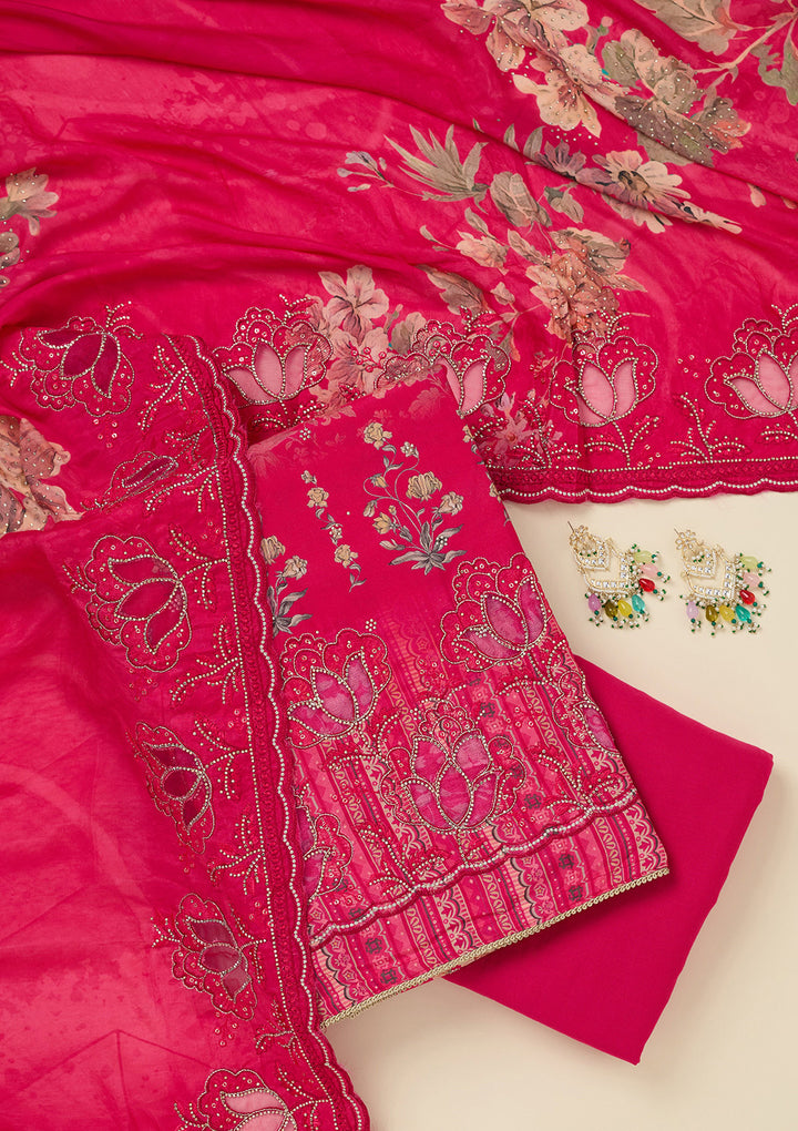 Rani Pink Stonework (Gold) Crepe Unstitched Salwar Suit