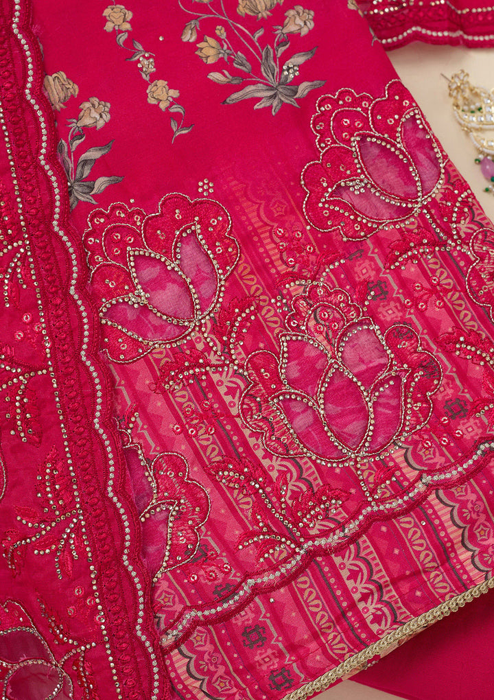 Rani Pink Stonework (Gold) Crepe Unstitched Salwar Suit