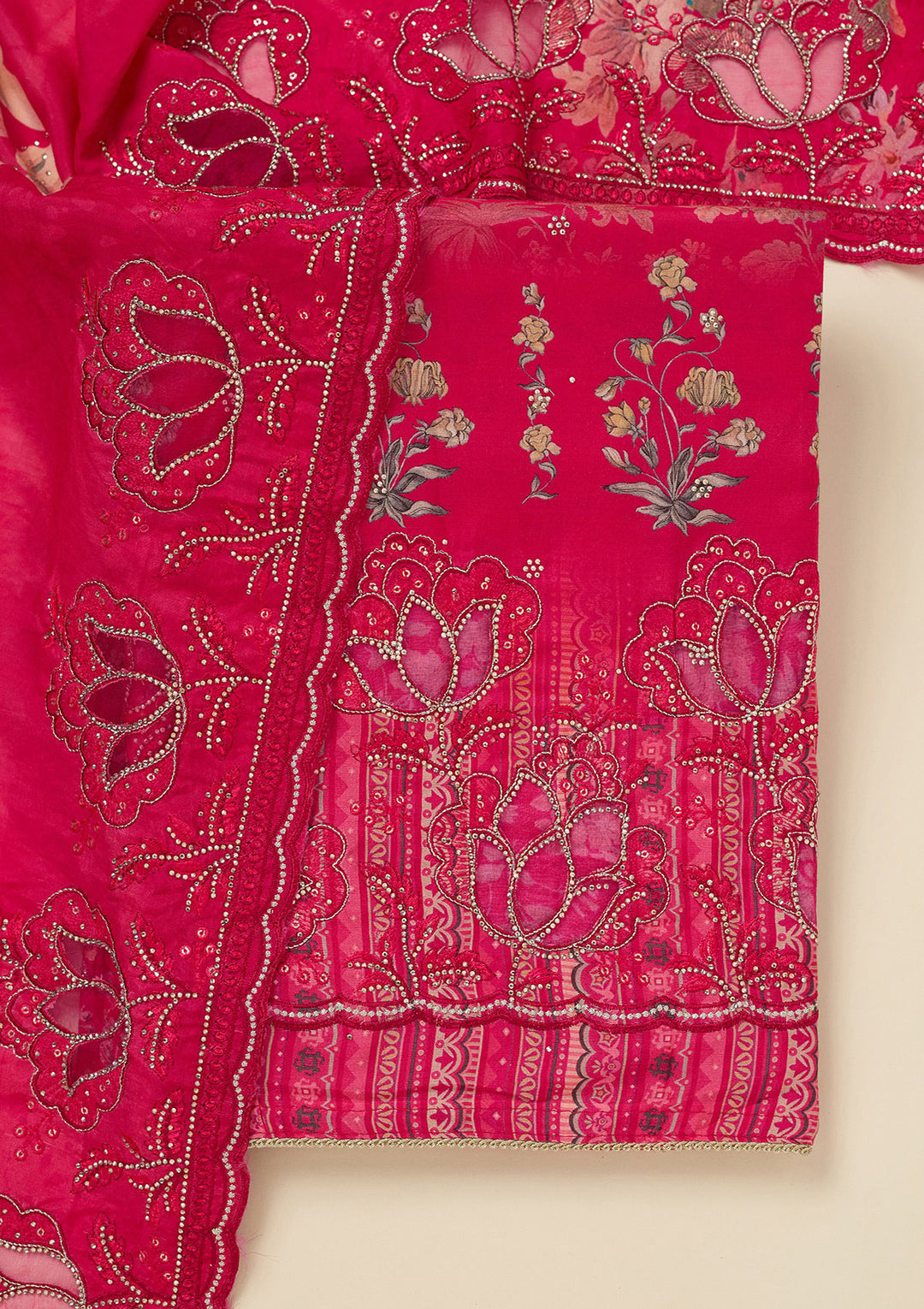 Rani Pink Stonework (Gold) Crepe Unstitched Salwar Suit