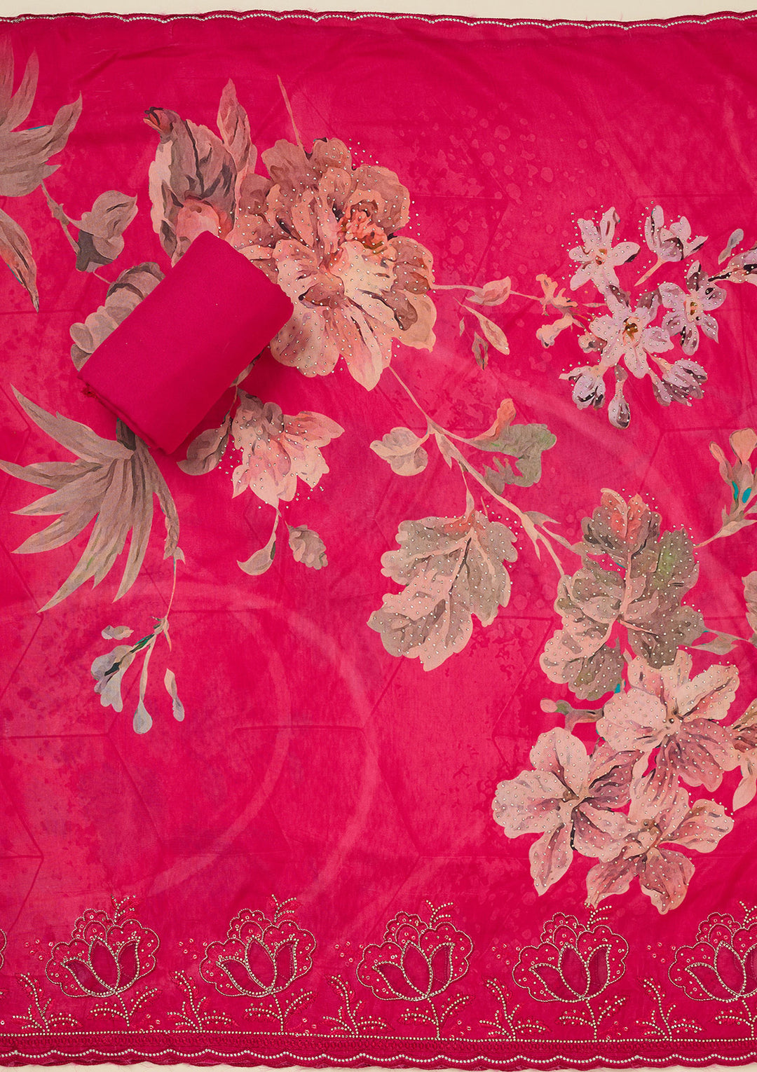 Rani Pink Stonework (Gold) Crepe Unstitched Salwar Suit