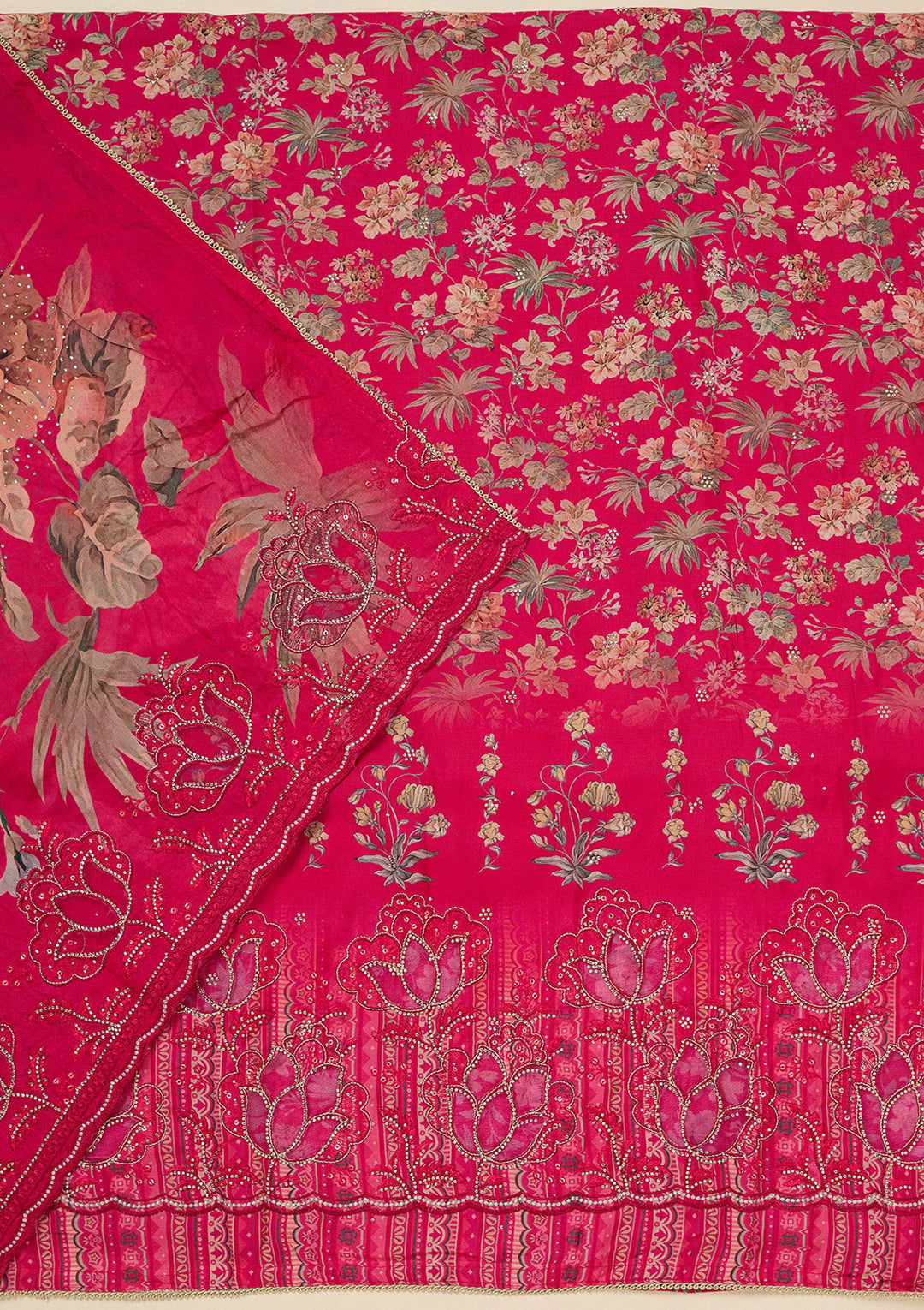 Rani Pink Stonework (Gold) Crepe Unstitched Salwar Suit