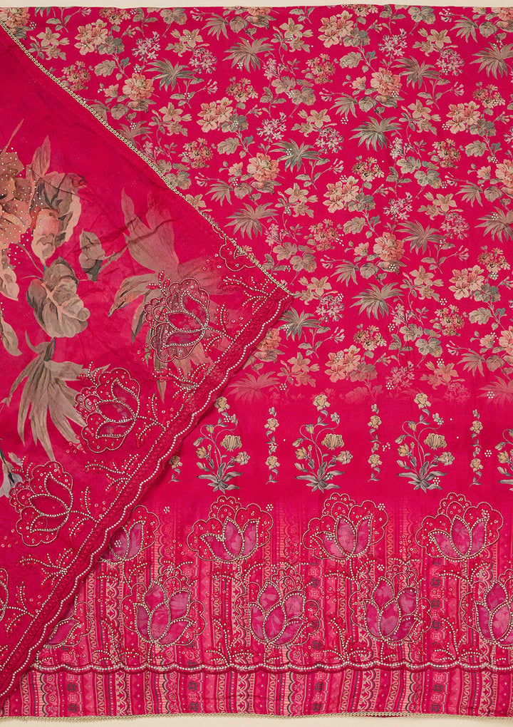 Rani Pink Stonework (Gold) Crepe Unstitched Salwar Suit