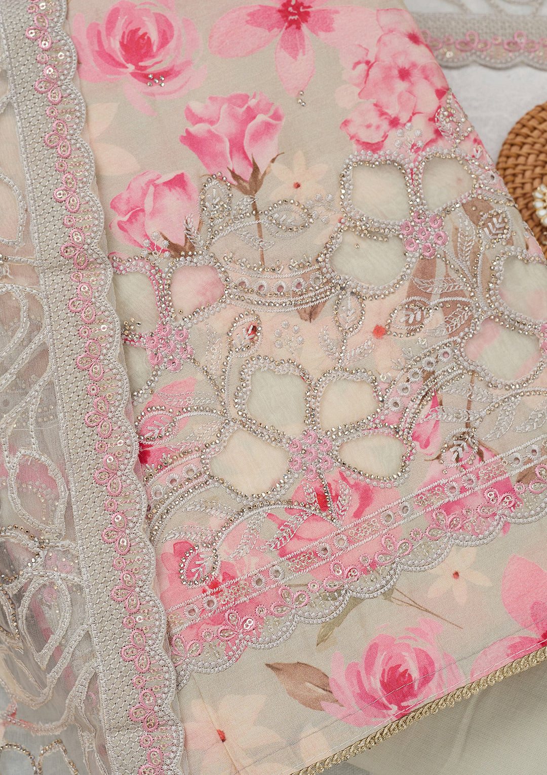 Grey Stonework (Gold) Crepe Unstitched Salwar Suit