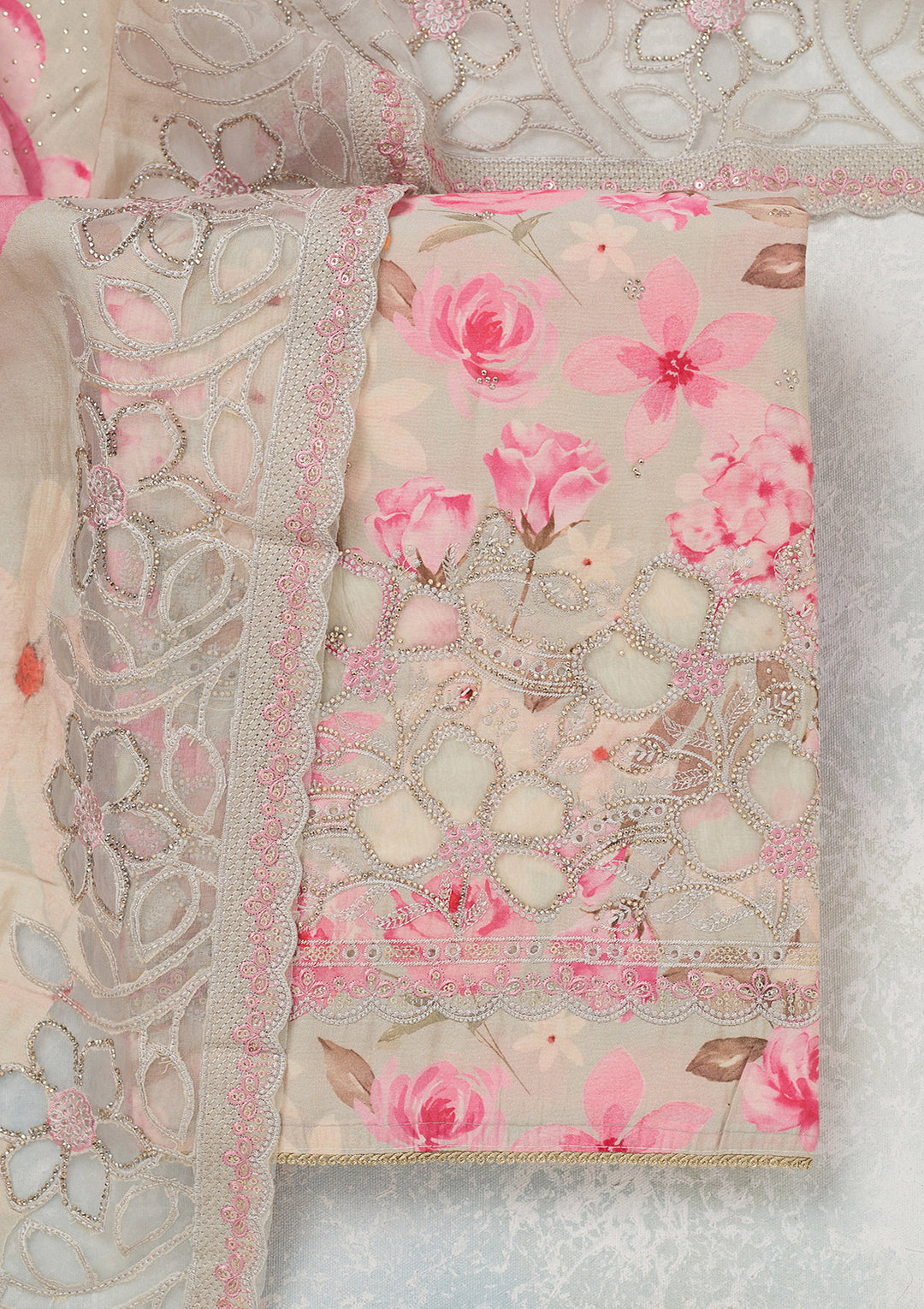 Grey Stonework (Gold) Crepe Unstitched Salwar Suit