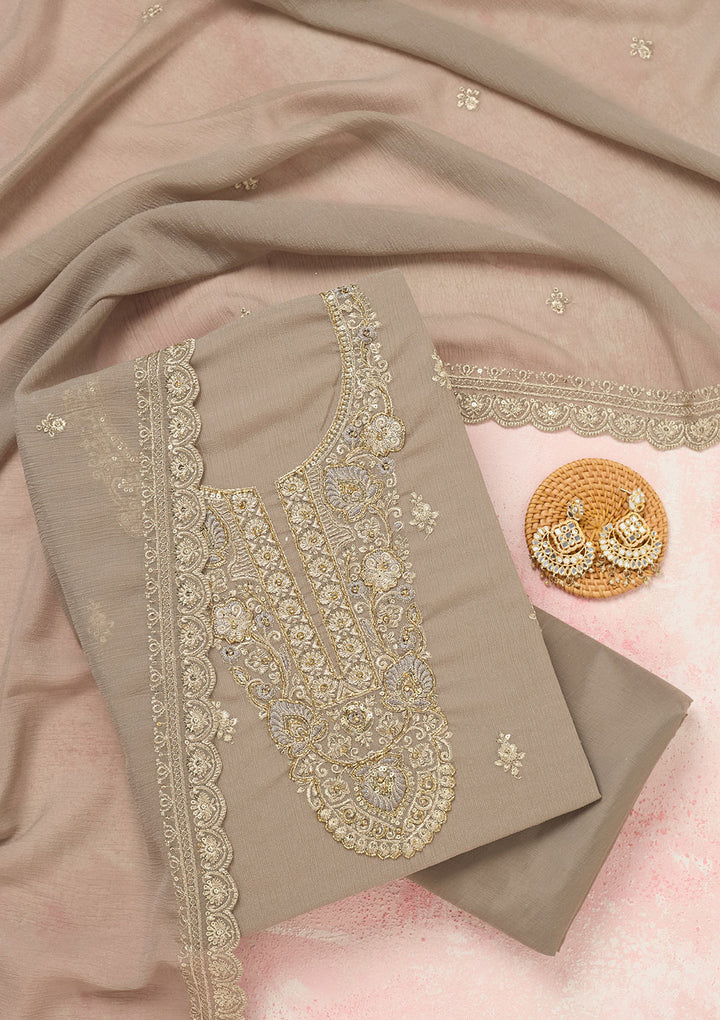 Grey Zariwork (Gold) Chinon Unstitched Salwar Suit