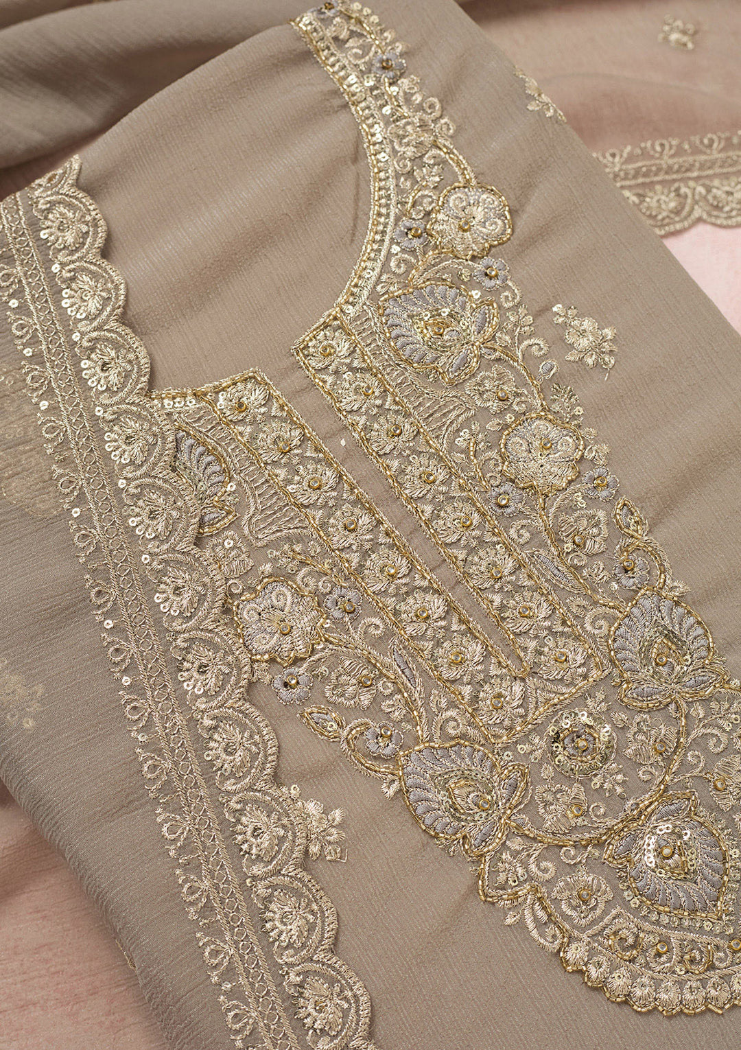 Grey Zariwork (Gold) Chinon Unstitched Salwar Suit