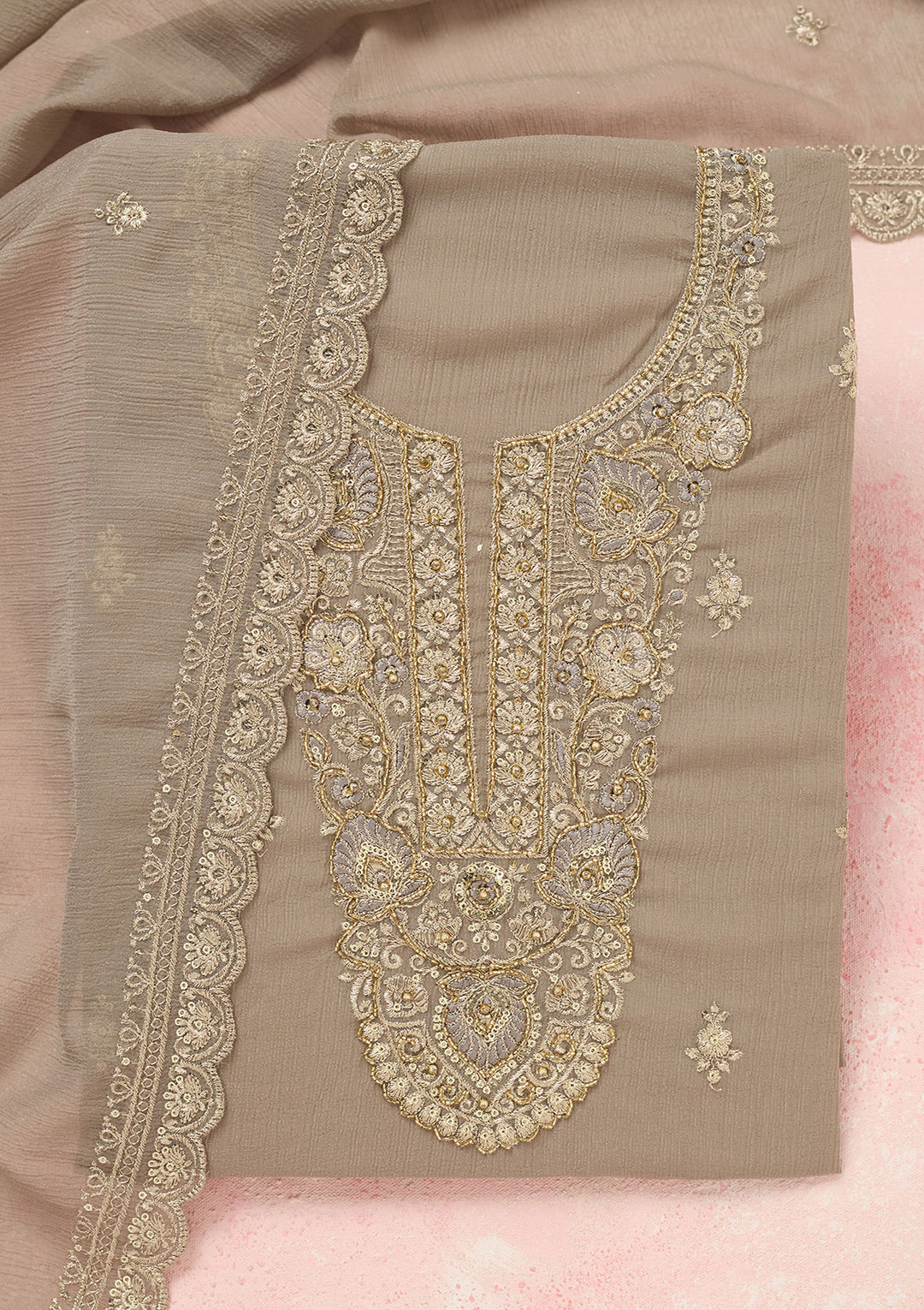 Grey Zariwork (Gold) Chinon Unstitched Salwar Suit