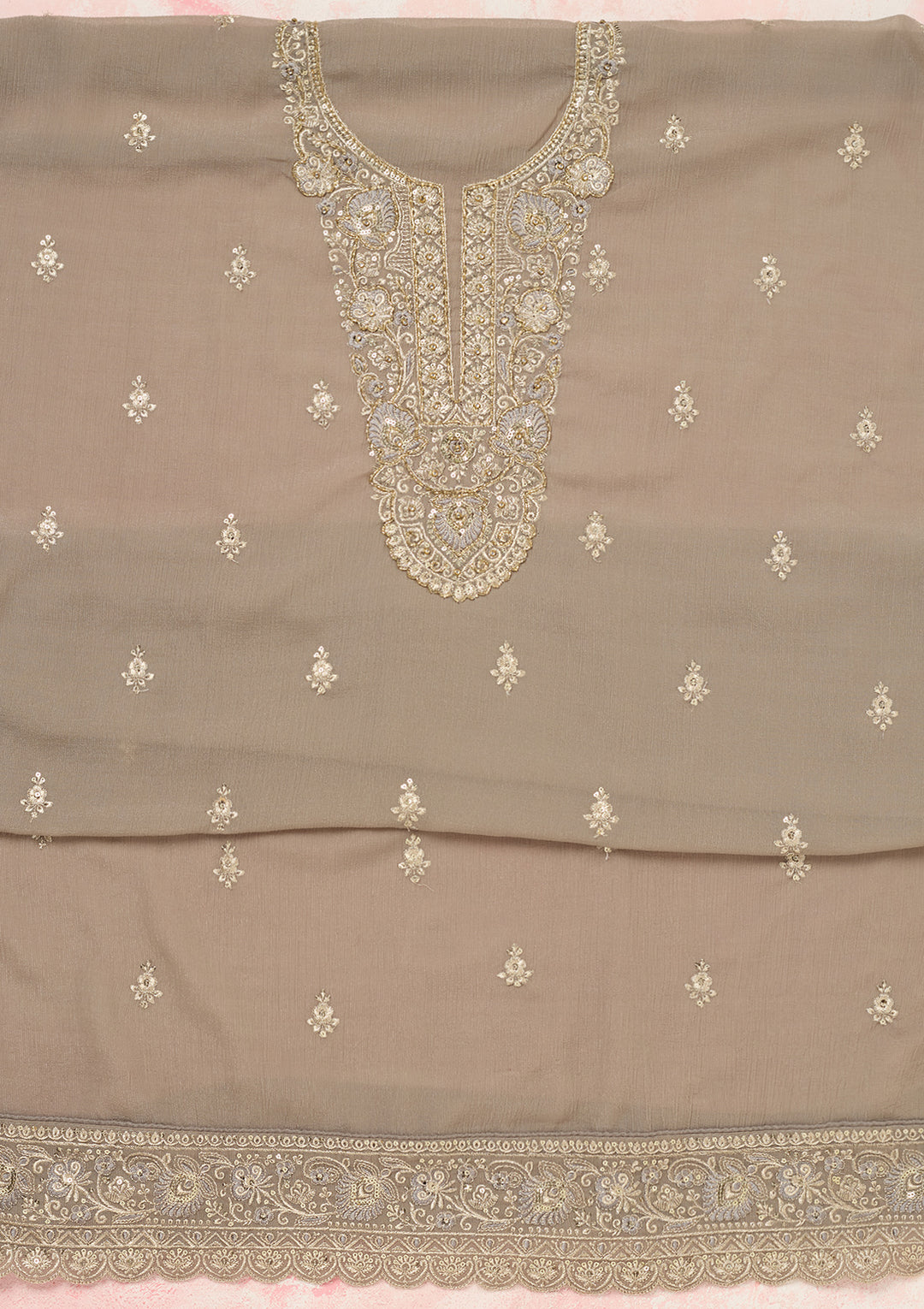 Grey Zariwork (Gold) Chinon Unstitched Salwar Suit