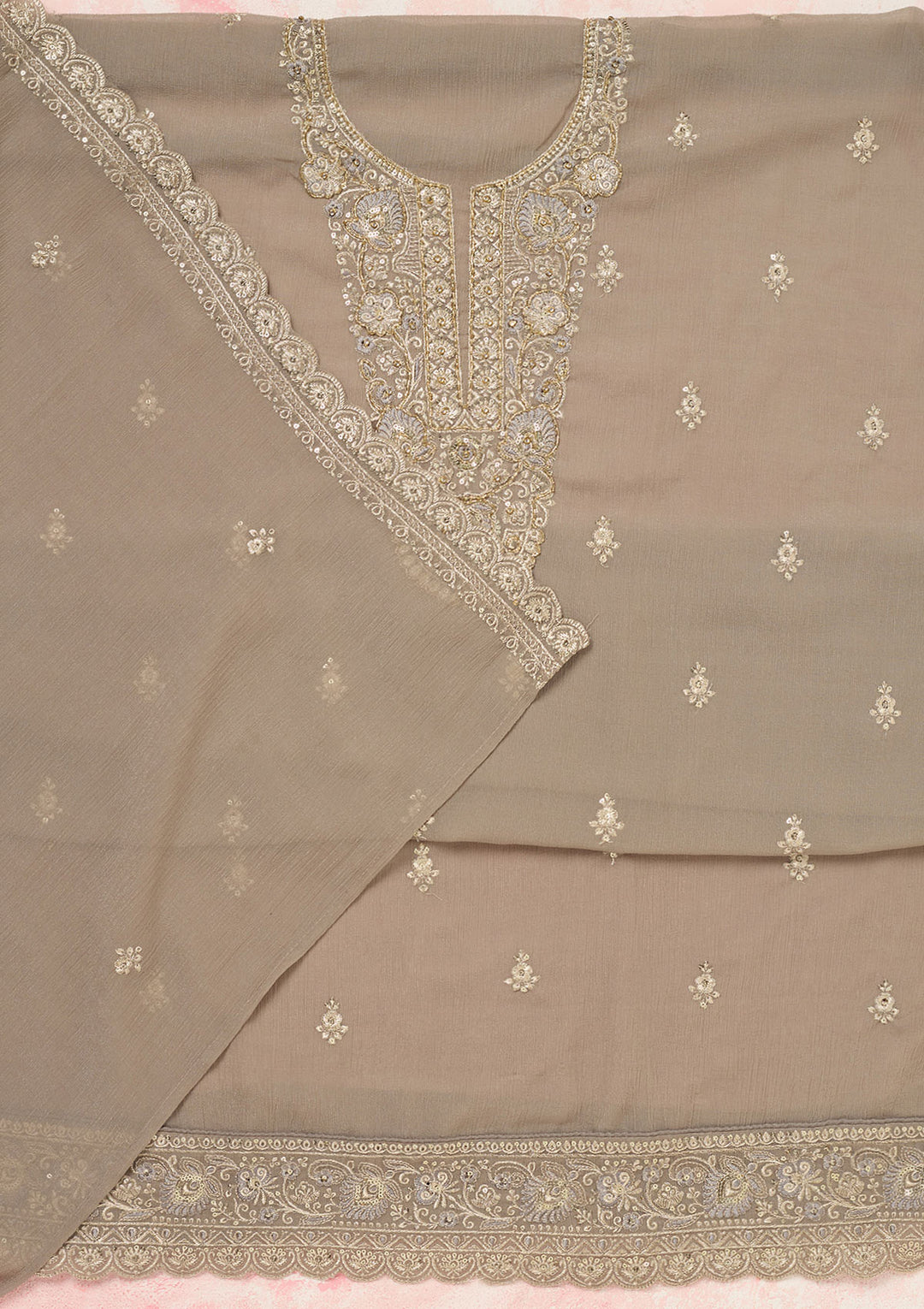 Grey Zariwork (Gold) Chinon Unstitched Salwar Suit