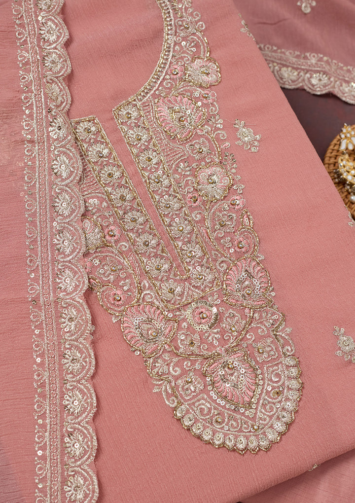 Onion Pink Zariwork (Gold) Chinon Unstitched Salwar Suit