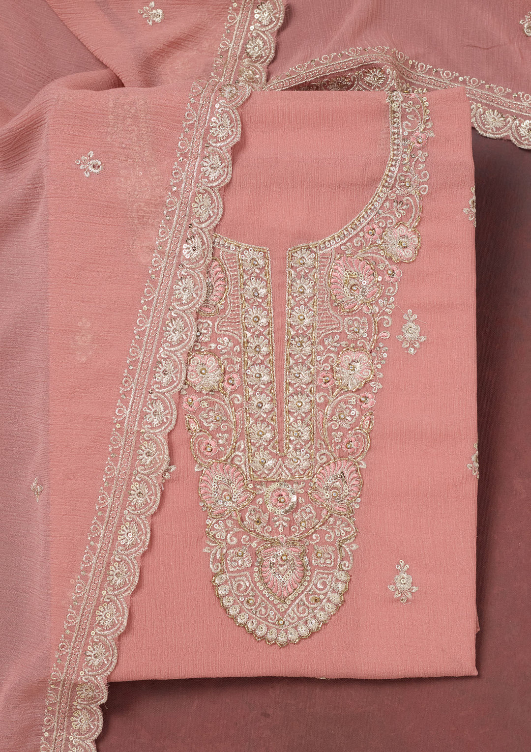 Onion Pink Zariwork (Gold) Chinon Unstitched Salwar Suit