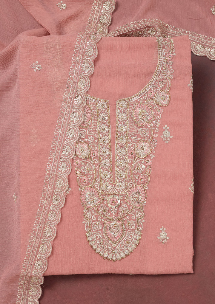 Onion Pink Zariwork (Gold) Chinon Unstitched Salwar Suit