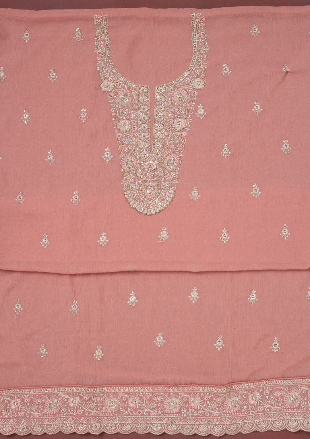 Onion Pink Zariwork (Gold) Chinon Unstitched Salwar Suit