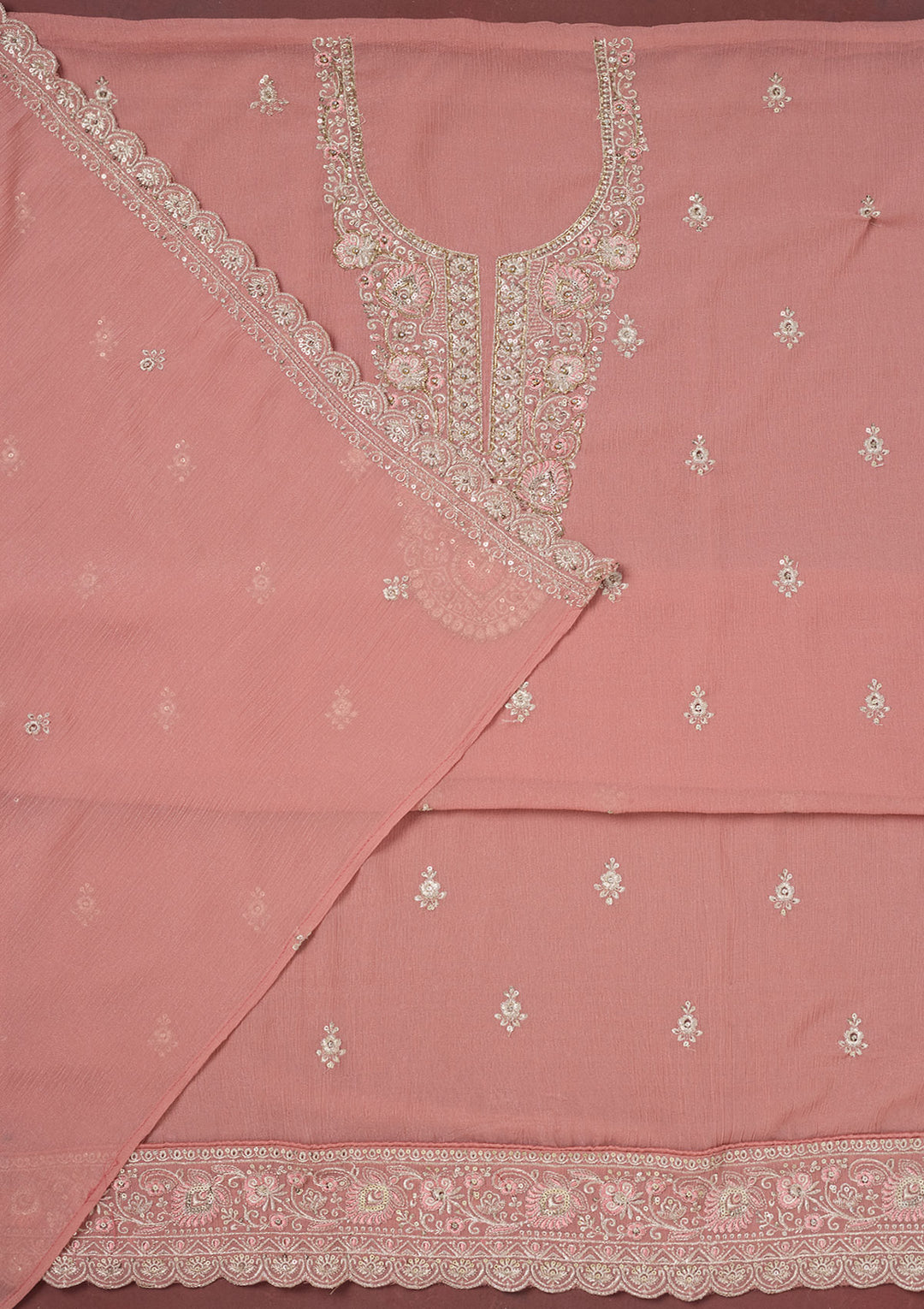 Onion Pink Zariwork (Gold) Chinon Unstitched Salwar Suit