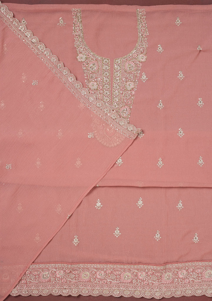 Onion Pink Zariwork (Gold) Chinon Unstitched Salwar Suit