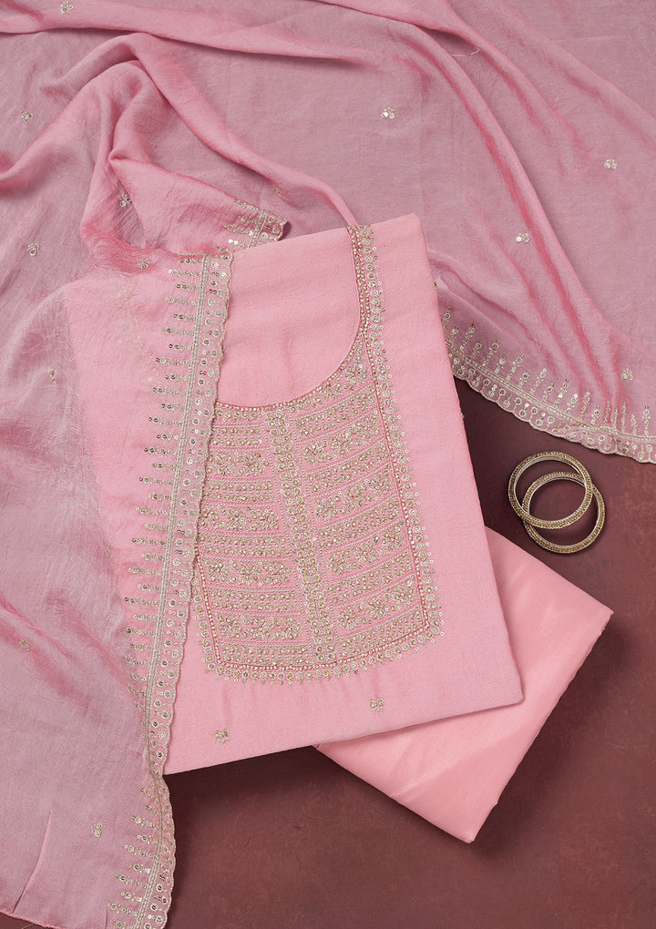 Baby Pink Zariwork (Gold) Chinon Unstitched Salwar Suit