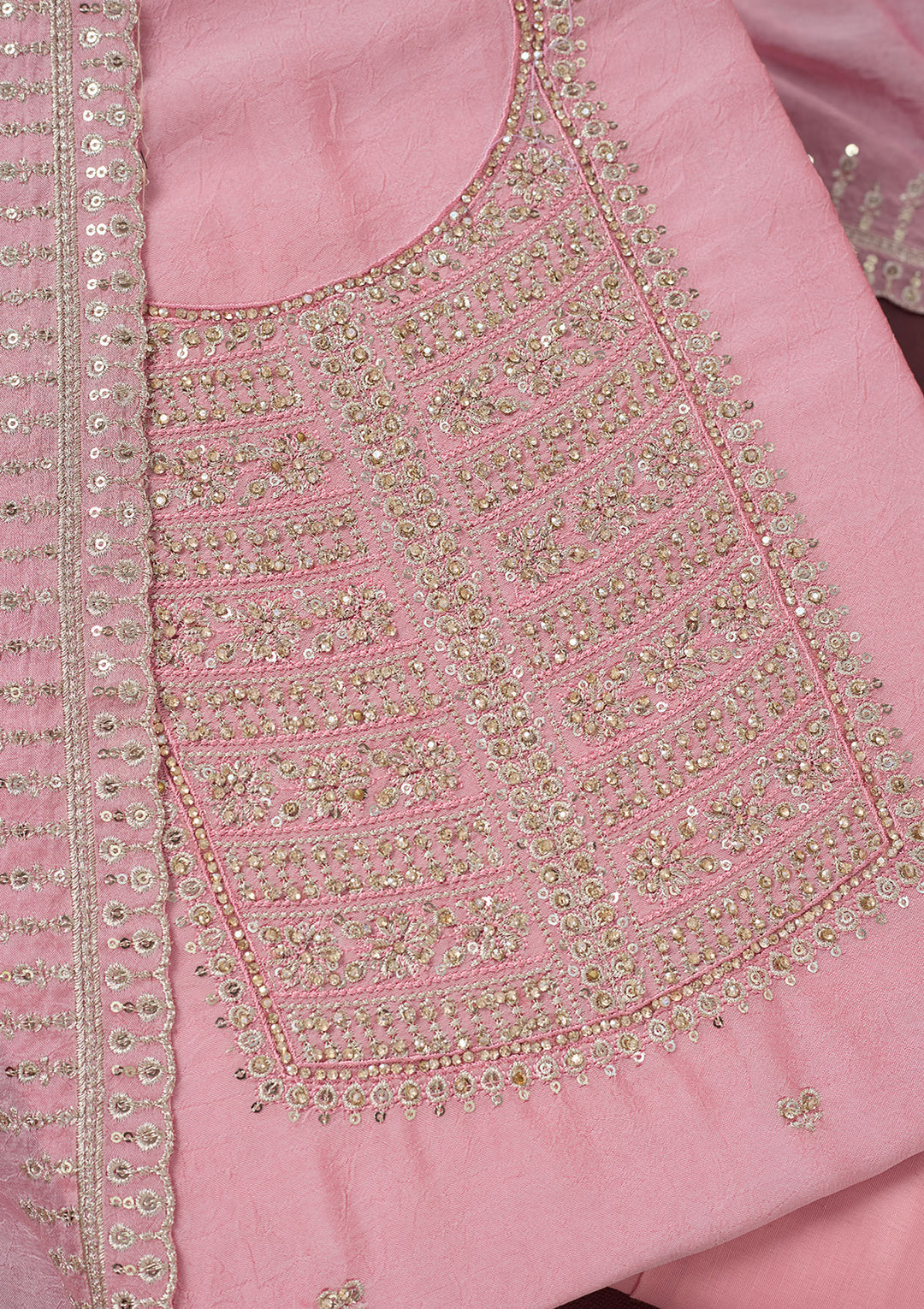 Baby Pink Zariwork (Gold) Chinon Unstitched Salwar Suit
