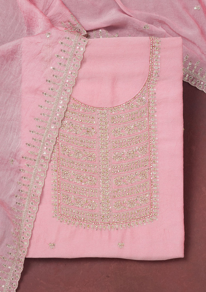 Baby Pink Zariwork (Gold) Chinon Unstitched Salwar Suit