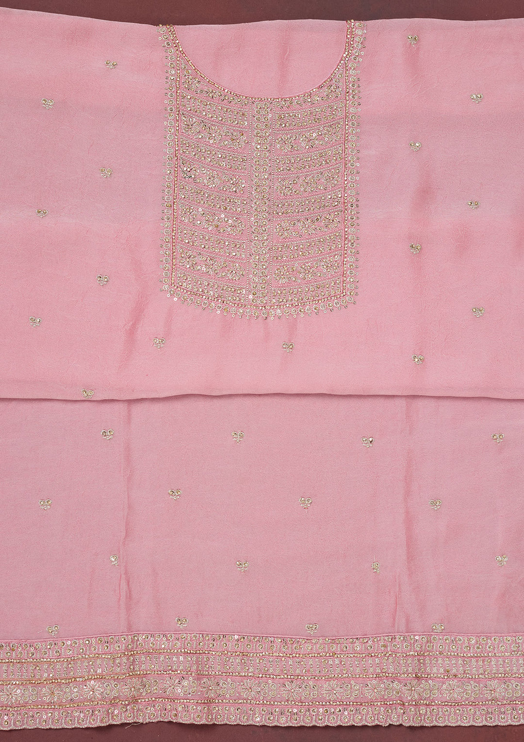 Baby Pink Zariwork (Gold) Chinon Unstitched Salwar Suit
