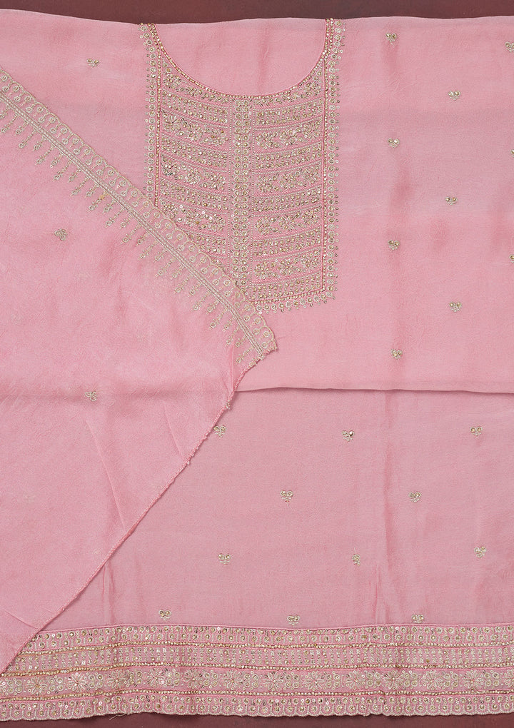 Baby Pink Zariwork (Gold) Chinon Unstitched Salwar Suit