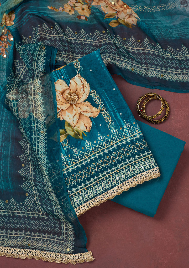 Peacock Blue Cutdana Semi Crepe Unstitched Salwar Suit