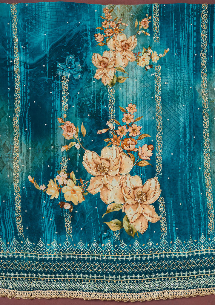 Peacock Blue Cutdana Semi Crepe Unstitched Salwar Suit