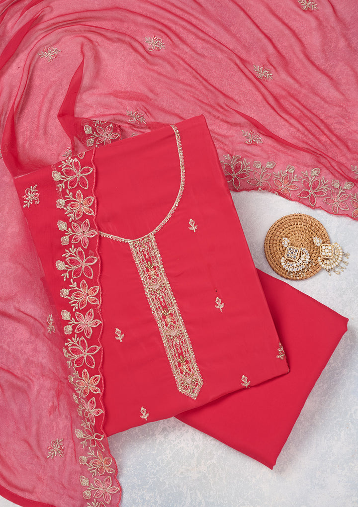 Rani Pink Threadwork Semi Crepe Unstitched Salwar Suit