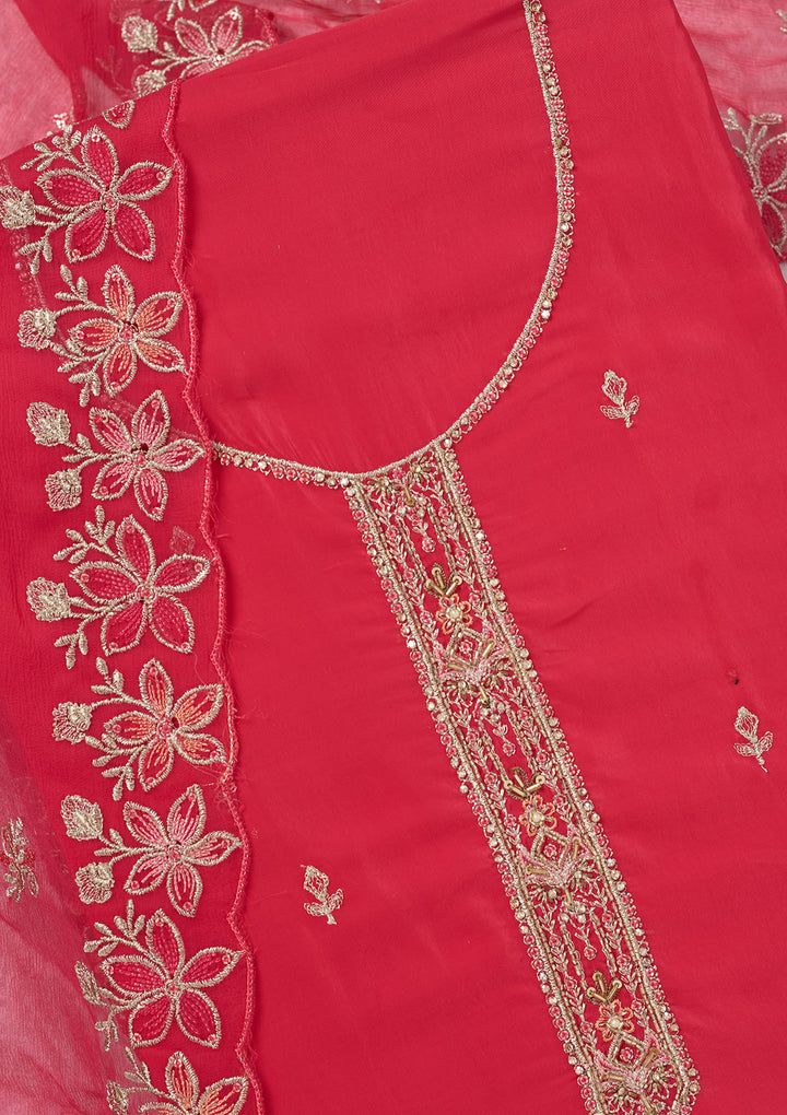 Rani Pink Threadwork Semi Crepe Unstitched Salwar Suit