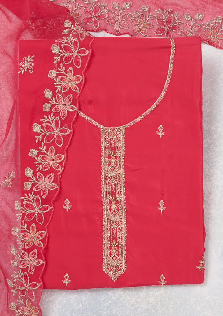 Rani Pink Threadwork Semi Crepe Unstitched Salwar Suit