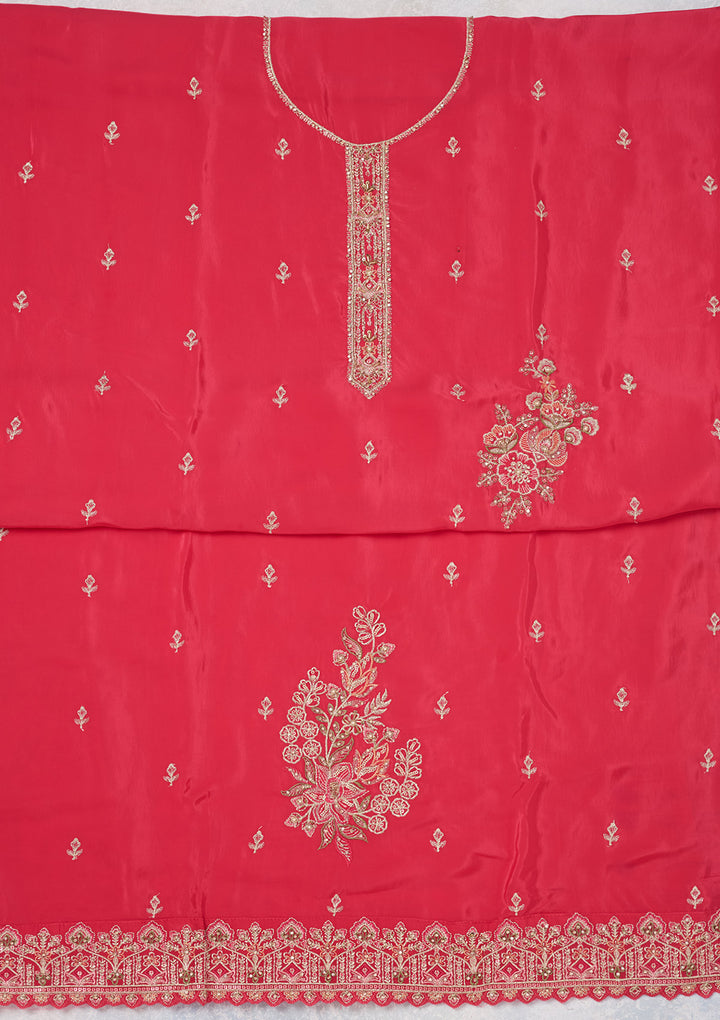 Rani Pink Threadwork Semi Crepe Unstitched Salwar Suit