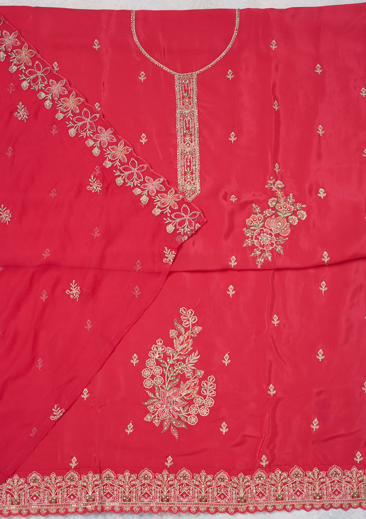 Rani Pink Threadwork Semi Crepe Unstitched Salwar Suit